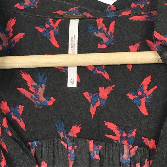 Free People Bird Print Button Up Long Sleeve Tie Cuff Blouse - Picture 9 of 10
